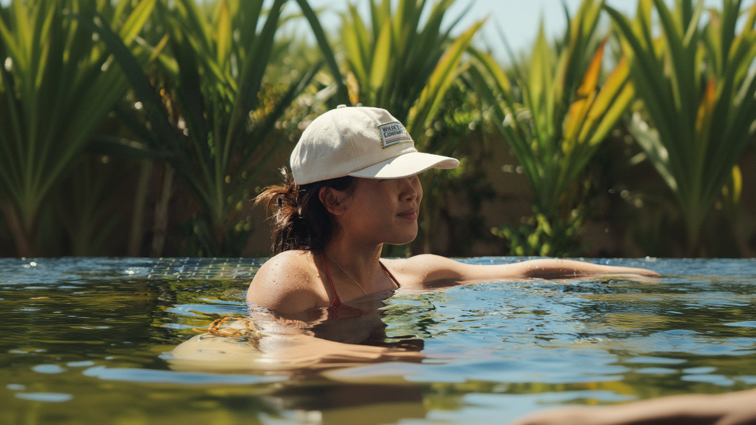 Woman in a pool wearing a cap with greenery in the background